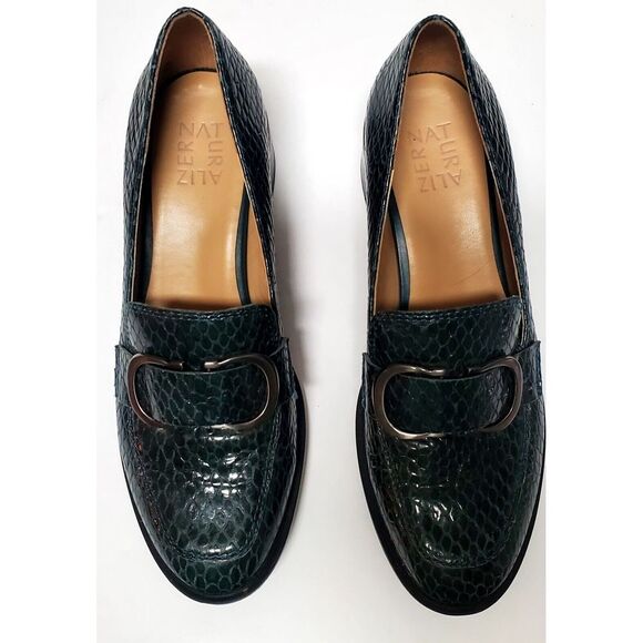 Naturalizer Pascal Shoes 8M Green Snakeskin Embossed Round Toe Buckle Bit Heels - Picture 6 of 16